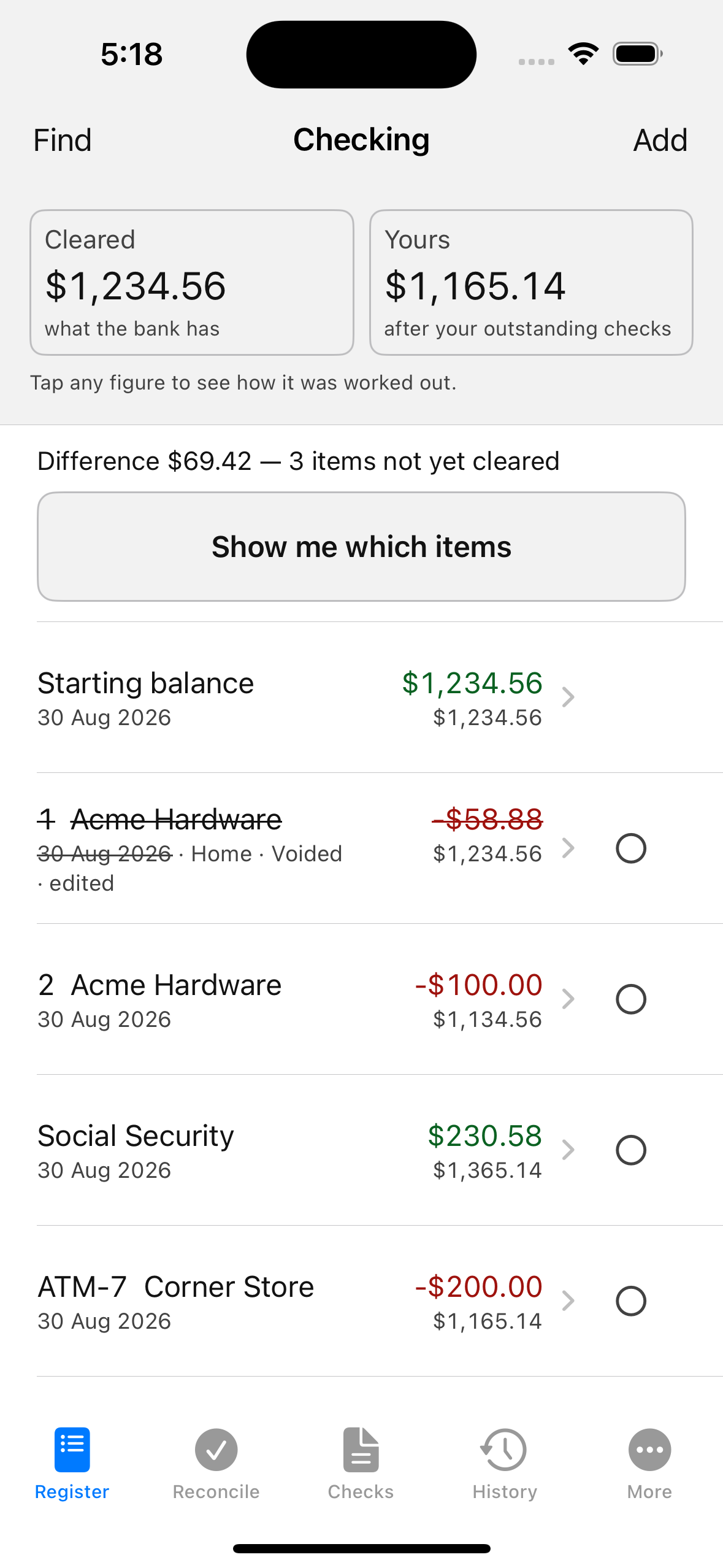 Balance Forward register showing cleared and available balances and a list of example entries