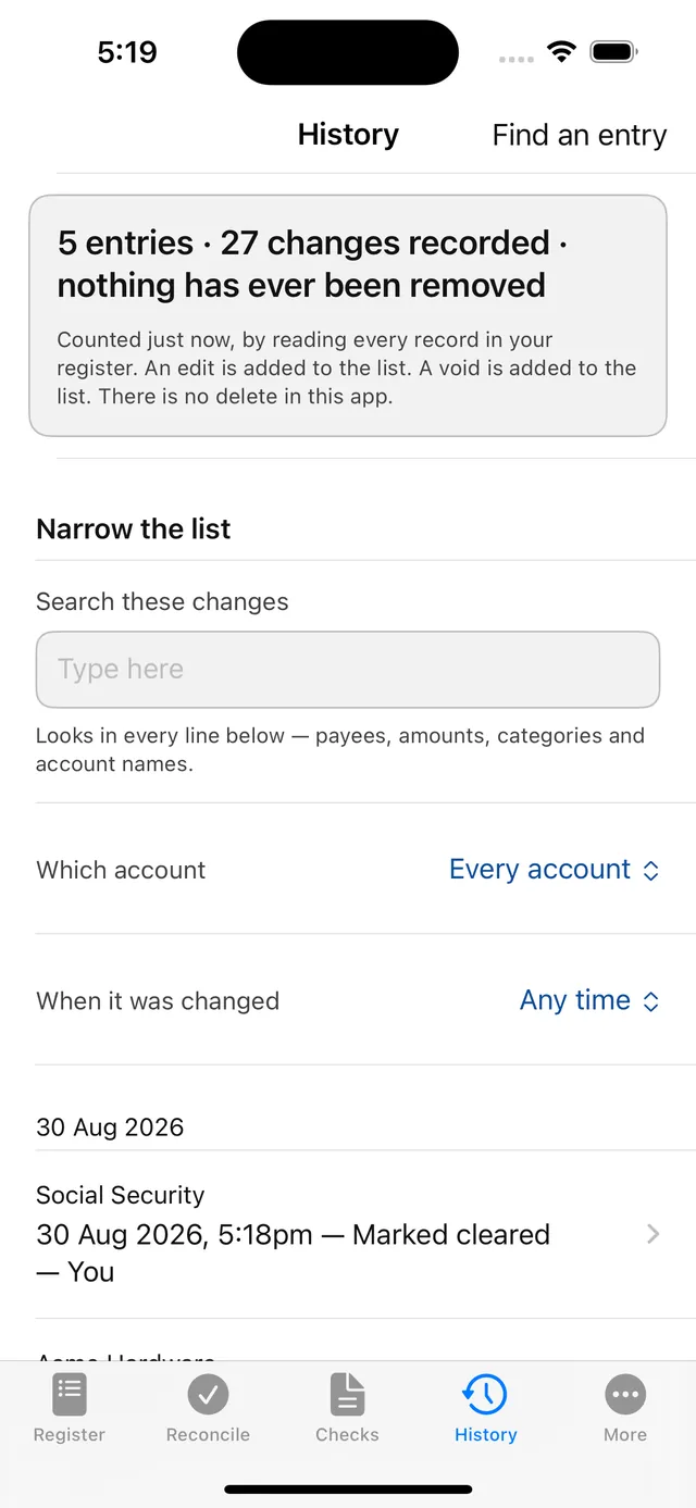 History: five entries, twenty-seven changes recorded, nothing has ever been removed