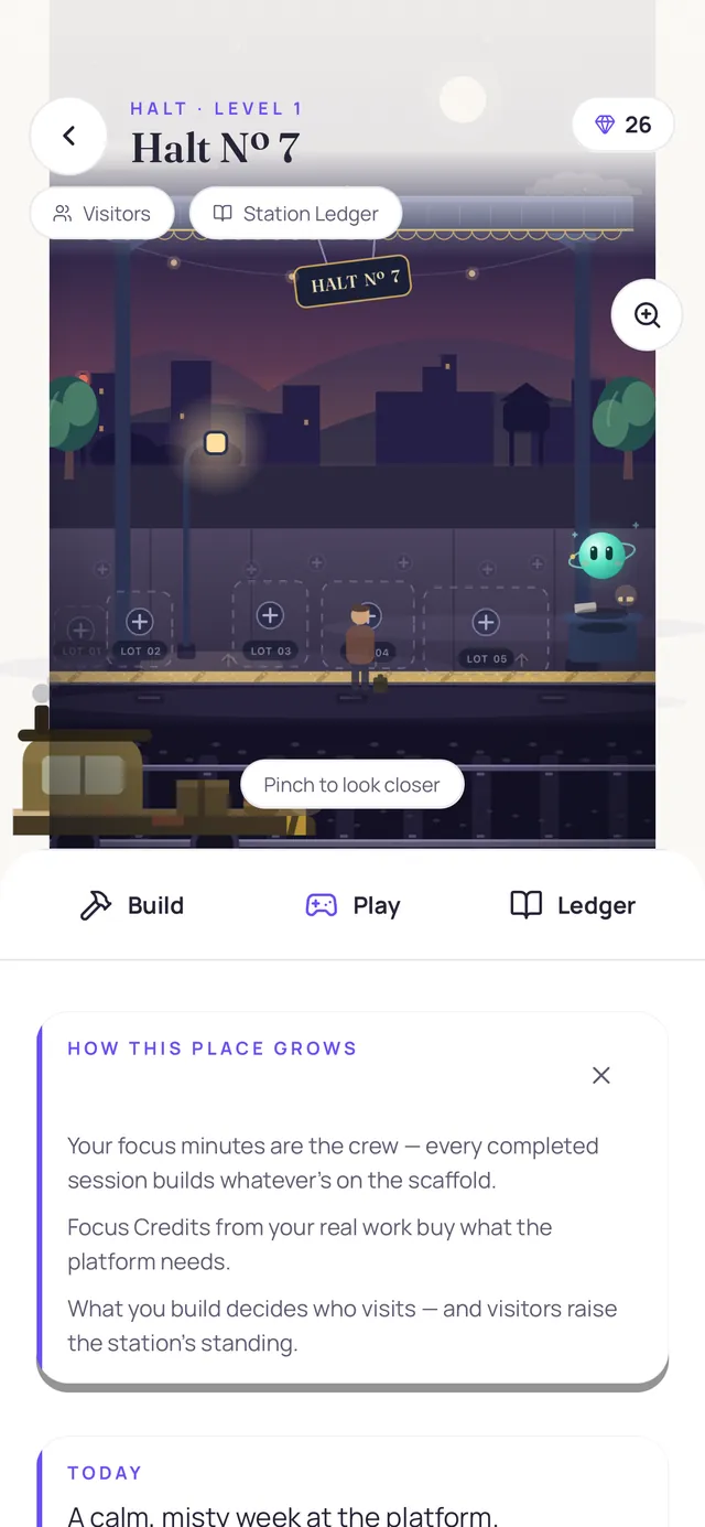 A pixel-art railway station at night, Halt No. 7, with a train at the platform