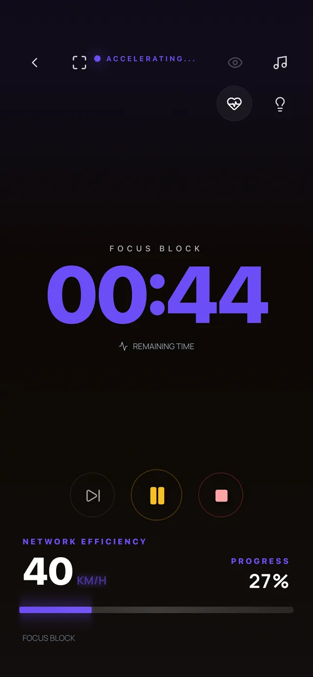A dark focus timer showing 00:44 remaining in a focus block