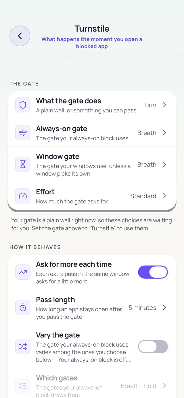 Turnstile settings: what the gate does, window gates, pass length and effort
