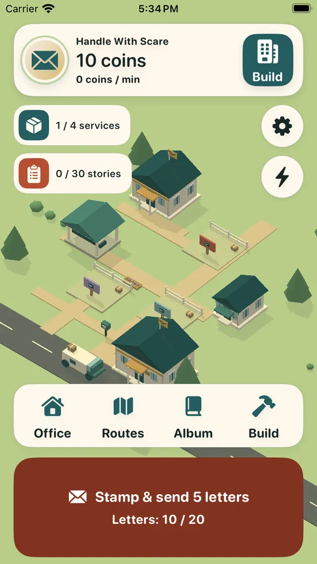 An isometric village of post-office buildings and roads early in a game