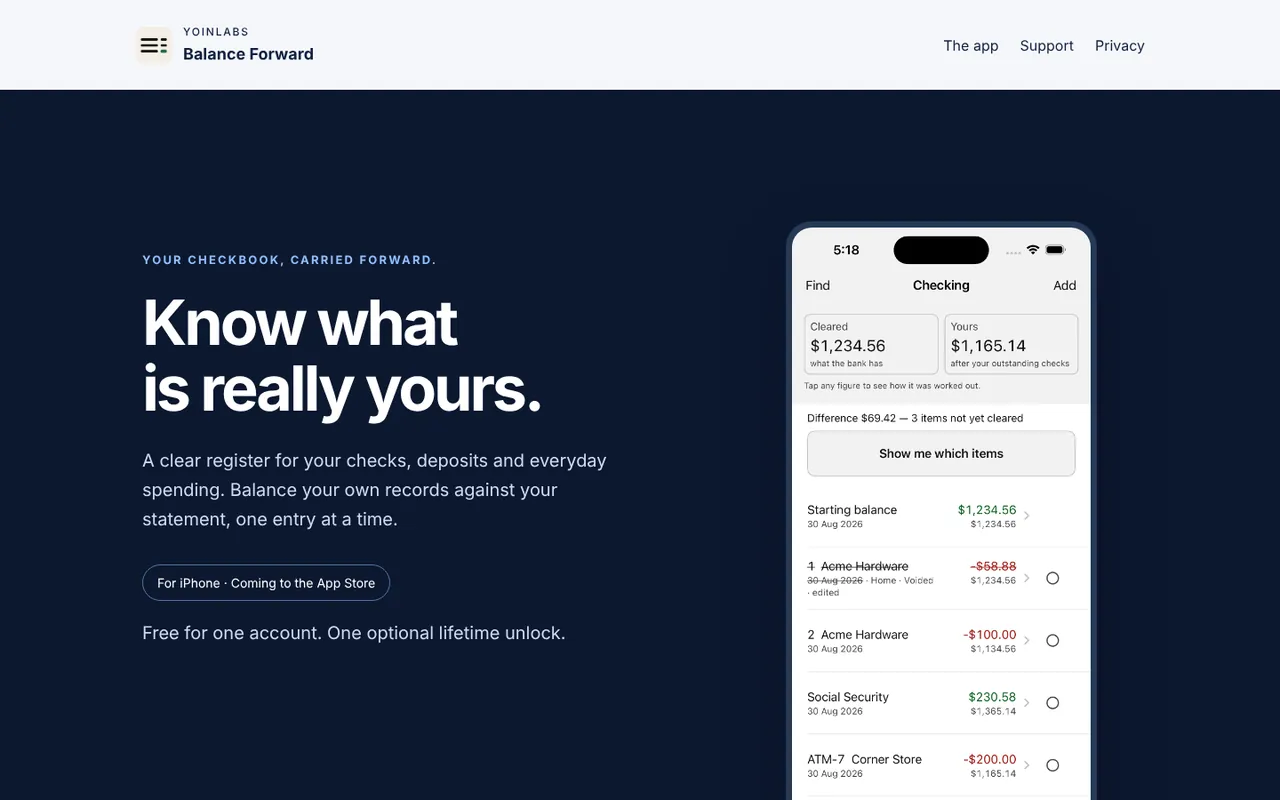 The Balance Forward product page: Know what is really yours, beside the register screen