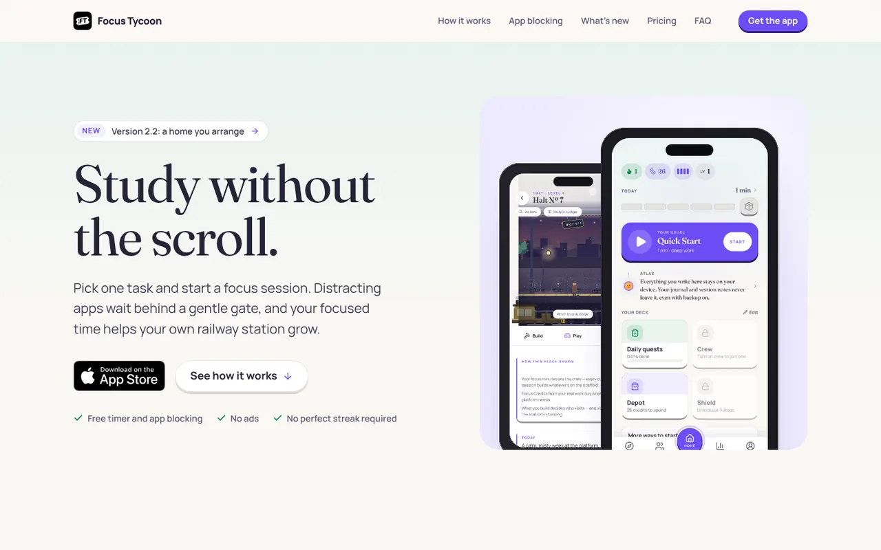 focustycoon.app: Study without the scroll, beside two app screens