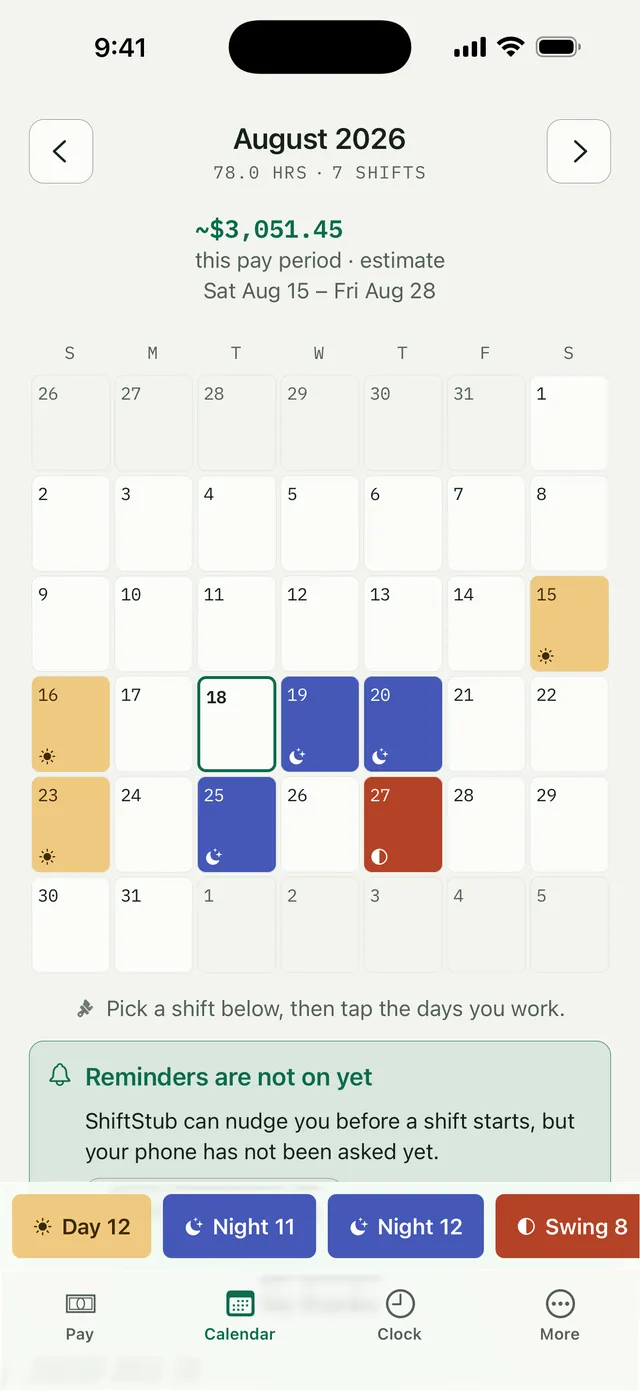 A month calendar painted with day, night and swing shifts
