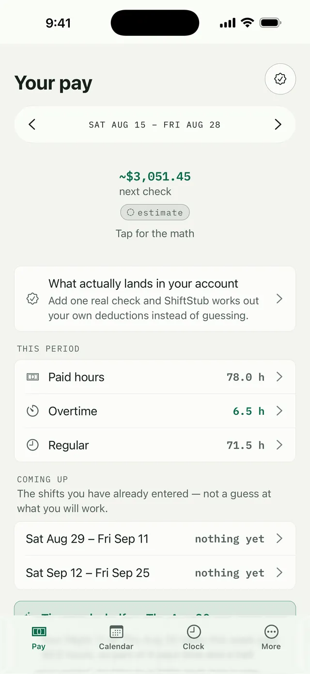Your pay: an estimated next check of $3,051.45 with paid hours, overtime and regular hours